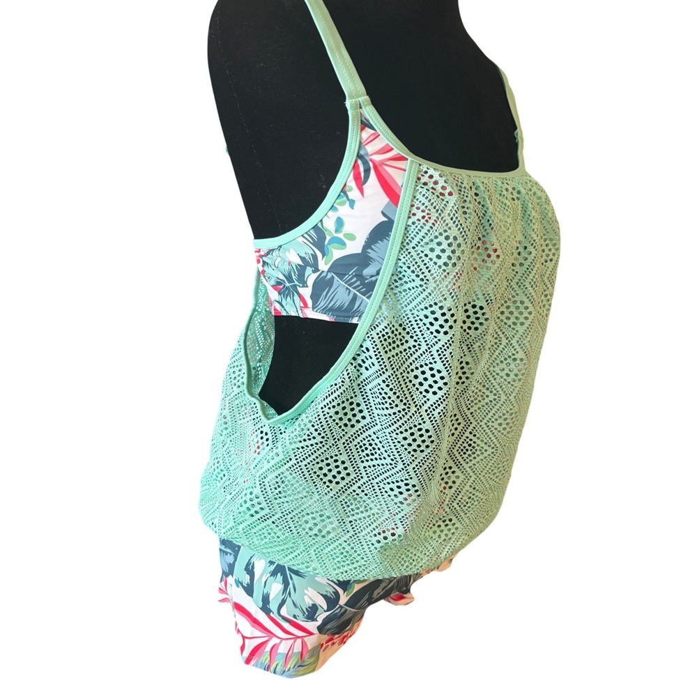 Women's Tankini Swim Set Size S Mint Green Tropical Palm Crochet Boy Shorts NWOT - Picture 3 of 10
